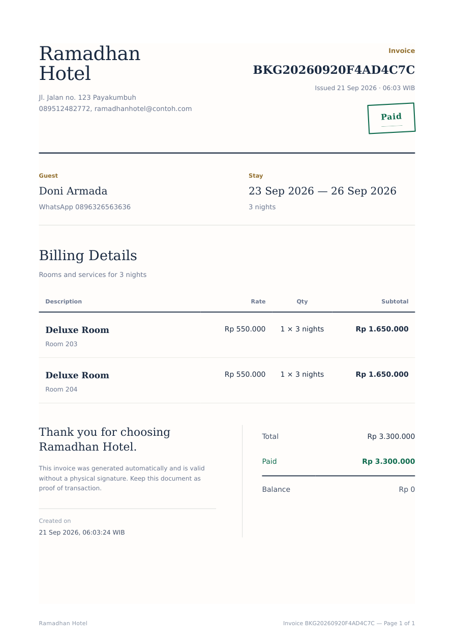 Contoh invoice Ramadhan Hotel dengan rincian kamar, total tagihan, pembayaran, dan sisa tagihan.